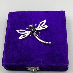 Vintage Mexican Sterling Silver and Onyx Dragonfly Brooch 925